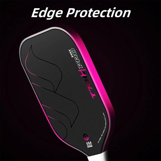 Black and pink pickleball paddle with 'Edge Protection' text on a black background