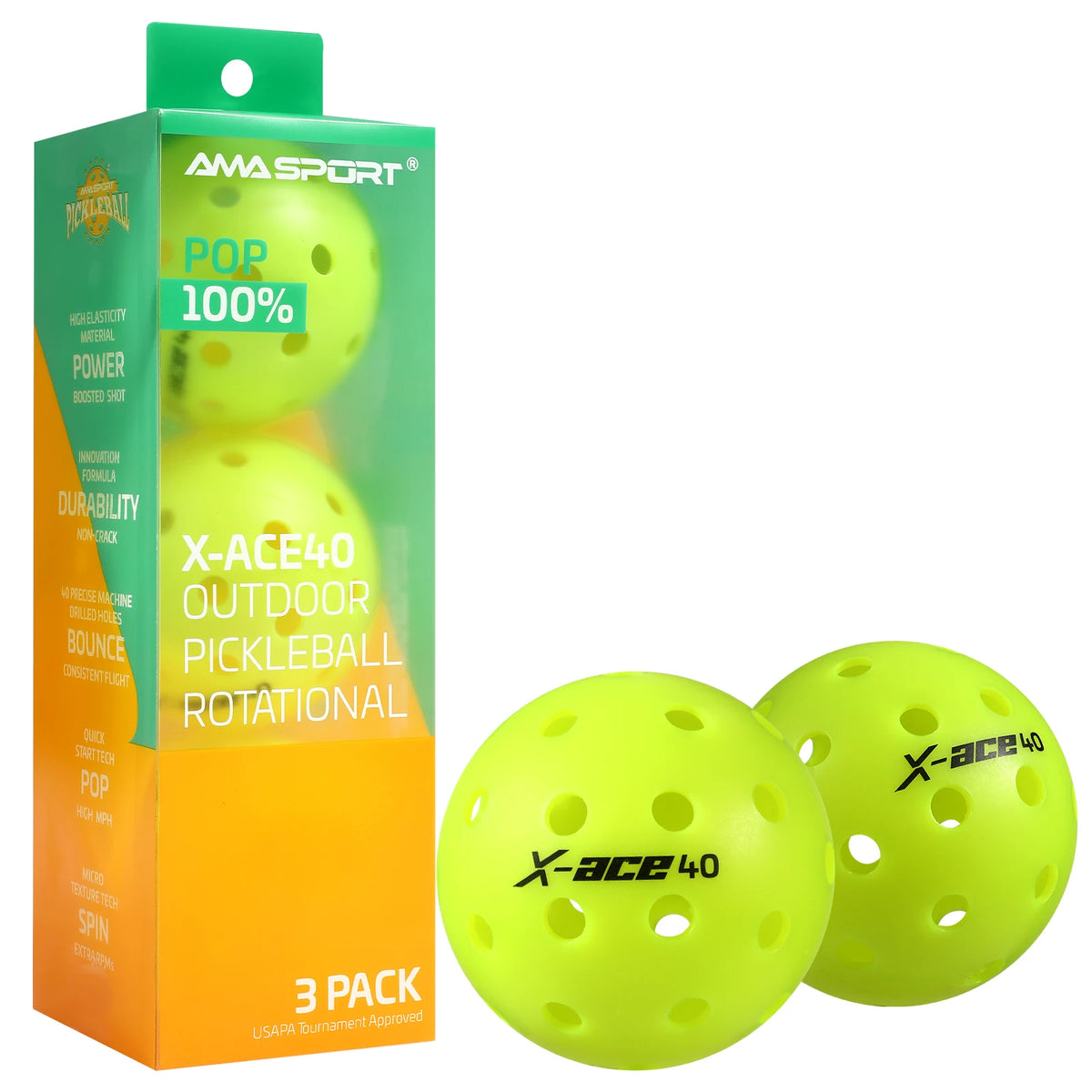 3/6/12 Pack AMA Sport X-ACE Pickleballs 40 Holes USAPA Approved